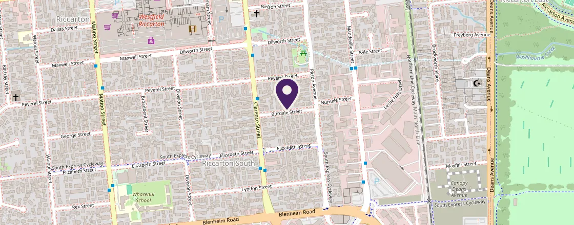 Map of Riccarton, Christchurch, with the workshop marked on Burdale Street