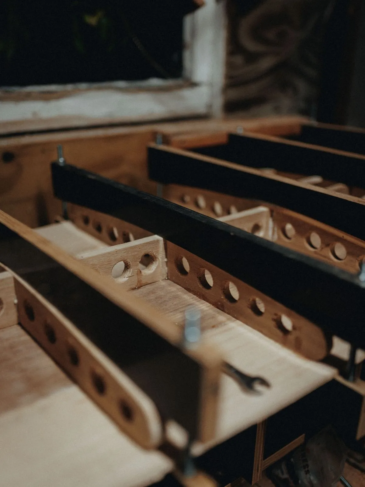 Rib frames stacked on the bench